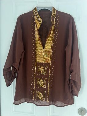 Vivendi Women’s Brown & Gold Sequined Deep V Neck  Tunic Size M  Long Sleeve 888